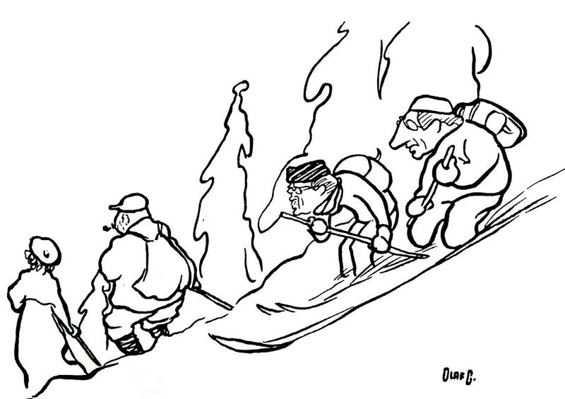 Karikaturtegning av Olaf Gulbransson. Ekteparet Wentzel først ned de bratte bakkene fra hytta